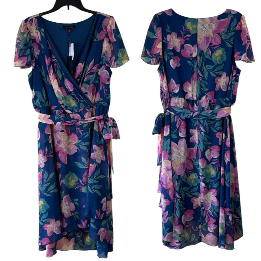 Ellen‎ Weaver Dress Blue Floral Faux Wrap Midi High Low in Size 1X  NWT